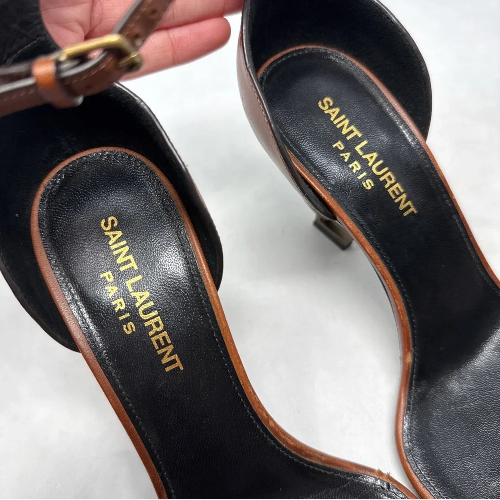 Saint Laurent Opyum 85 Leather YSL Cassandre Monogram Metal Heel Sandal Brown 36 - Picture 10 of 16